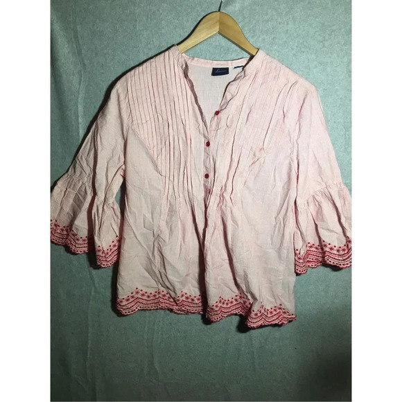 Womens Westbound Blouse Embroidery Button Up Red Bell Sleeve Boho Beachy - Picture 1 of 4